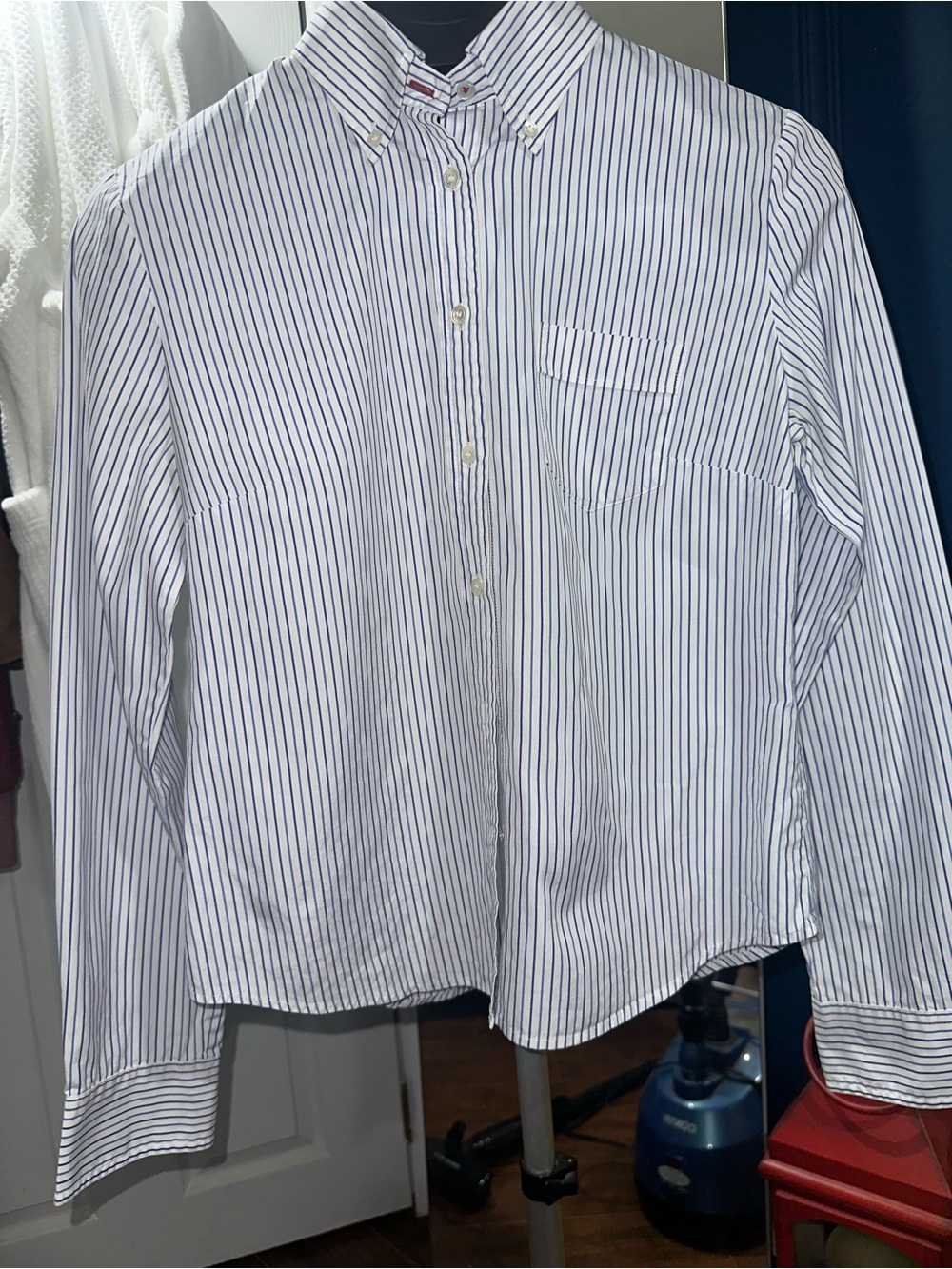 Women's Button-Up Blouse with Navy Pinstripesi